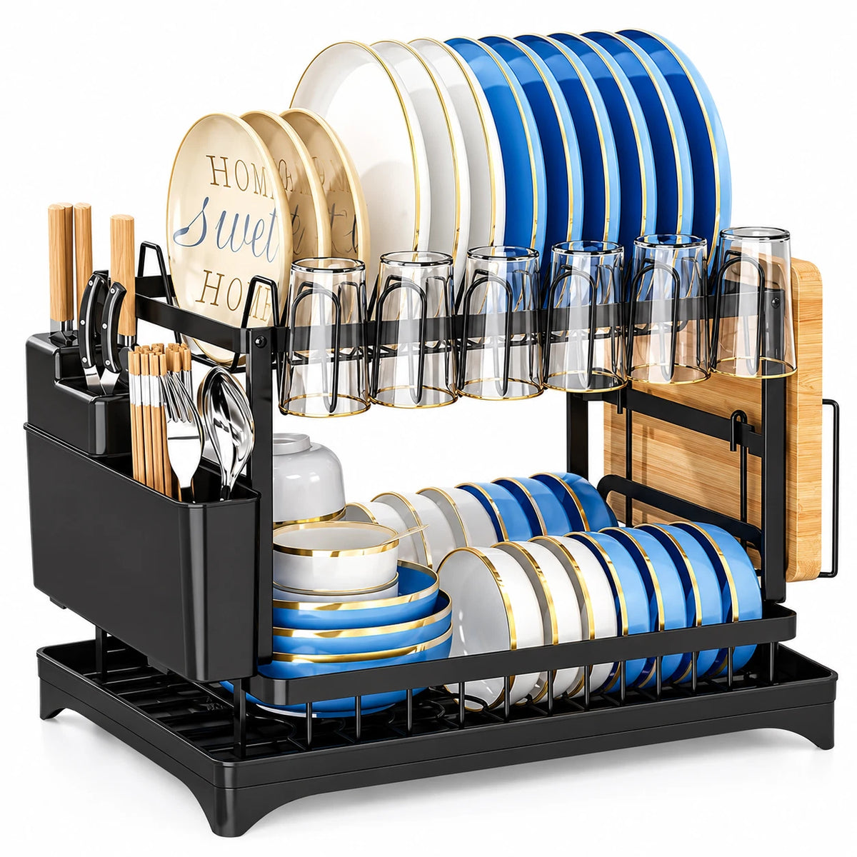 2 Tier Dish Drainer Rack Stainless Steel Drip Tray Space Saving Cutlery Holder