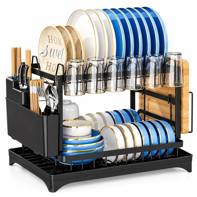 2 Tier Dish Drainer Rack Stainless Steel Drip Tray Space Saving Cutlery Holder