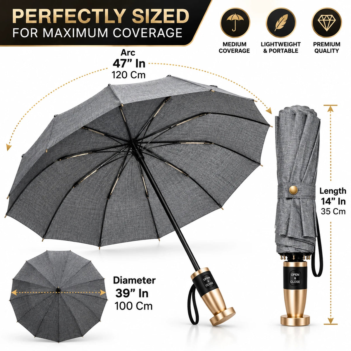 47” Umbrella Windproof 10 Ribs Brolly For Men Women Automatic Оpen Close Anti UV