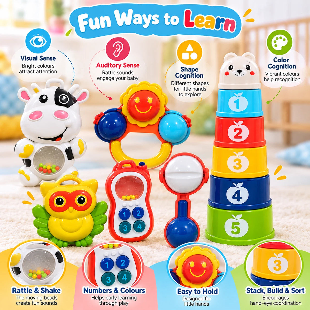 Baby Rattles And Stacking Cups Set Development Learning Activity Toys Gift Set
