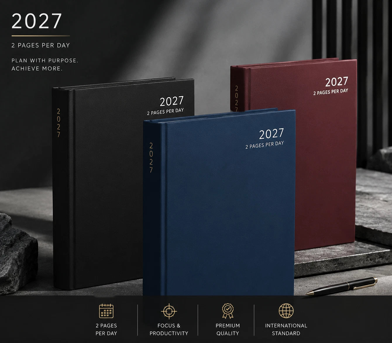 2027 A4 Diary 2 Pages Per Day Daily Planner Hardback Office Business Book