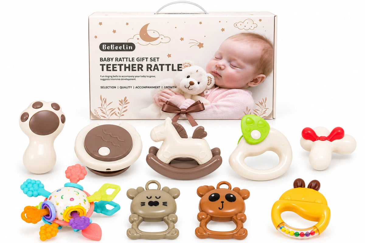 9pc Baby Rattles and Teether Gift Set For Newborn Sensory Activity Play Toy XMAS