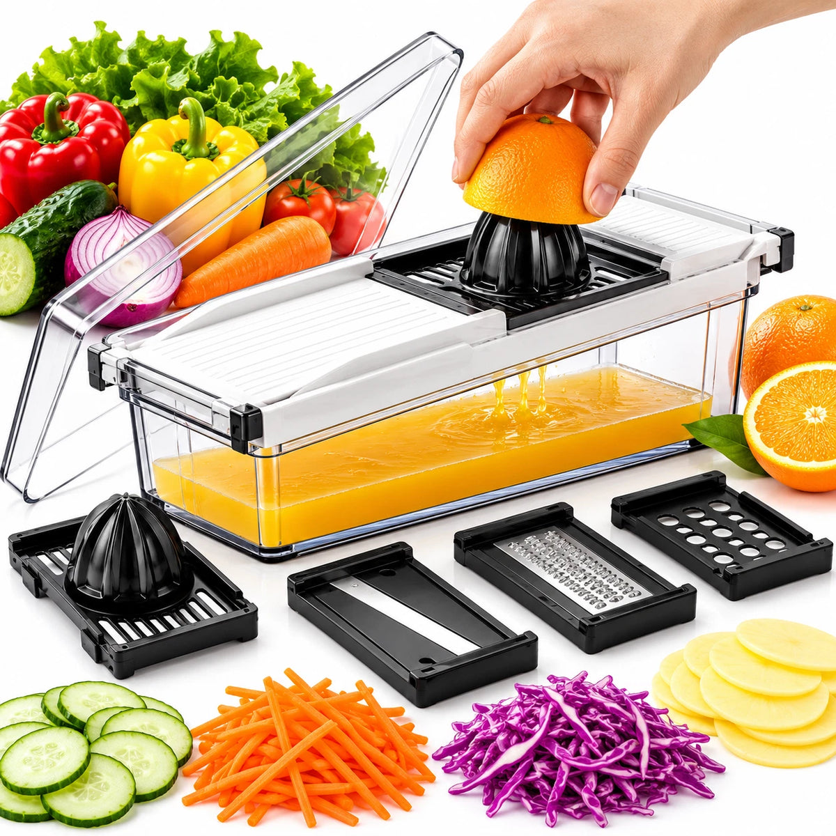 Mandoline Vegetable Slicer with Container 4 Blades and Juicer Julienne Cutter