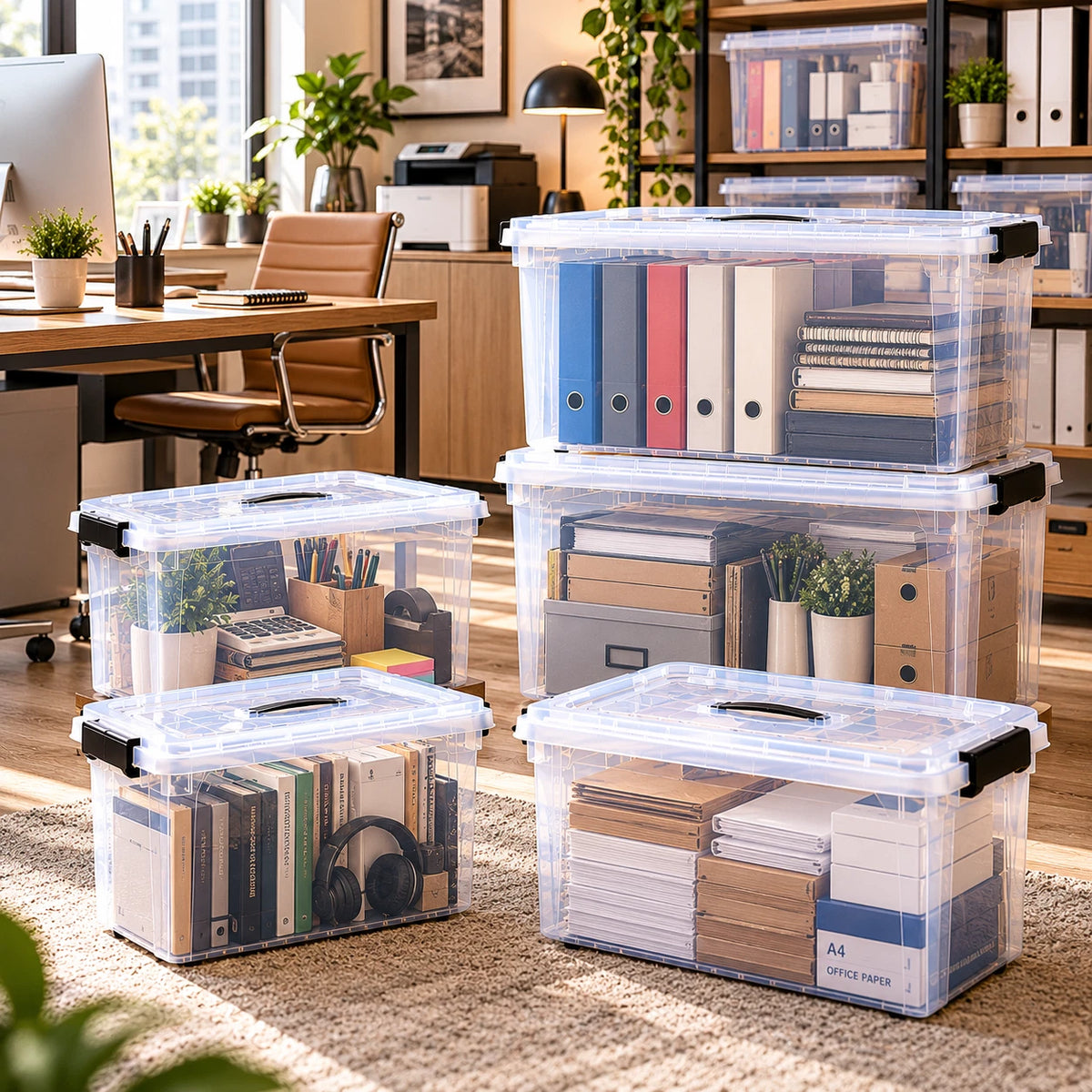 Clear Plastic Storage Boxes with Lids Stackable Box Strong Home Office Kitchen
