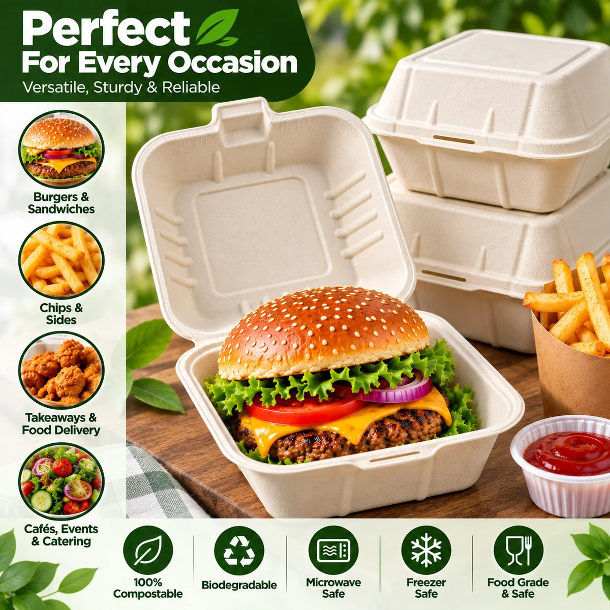 Bagasse Burger Box Food Containers Clamshell Takeaway Boxes 100% Compostable
