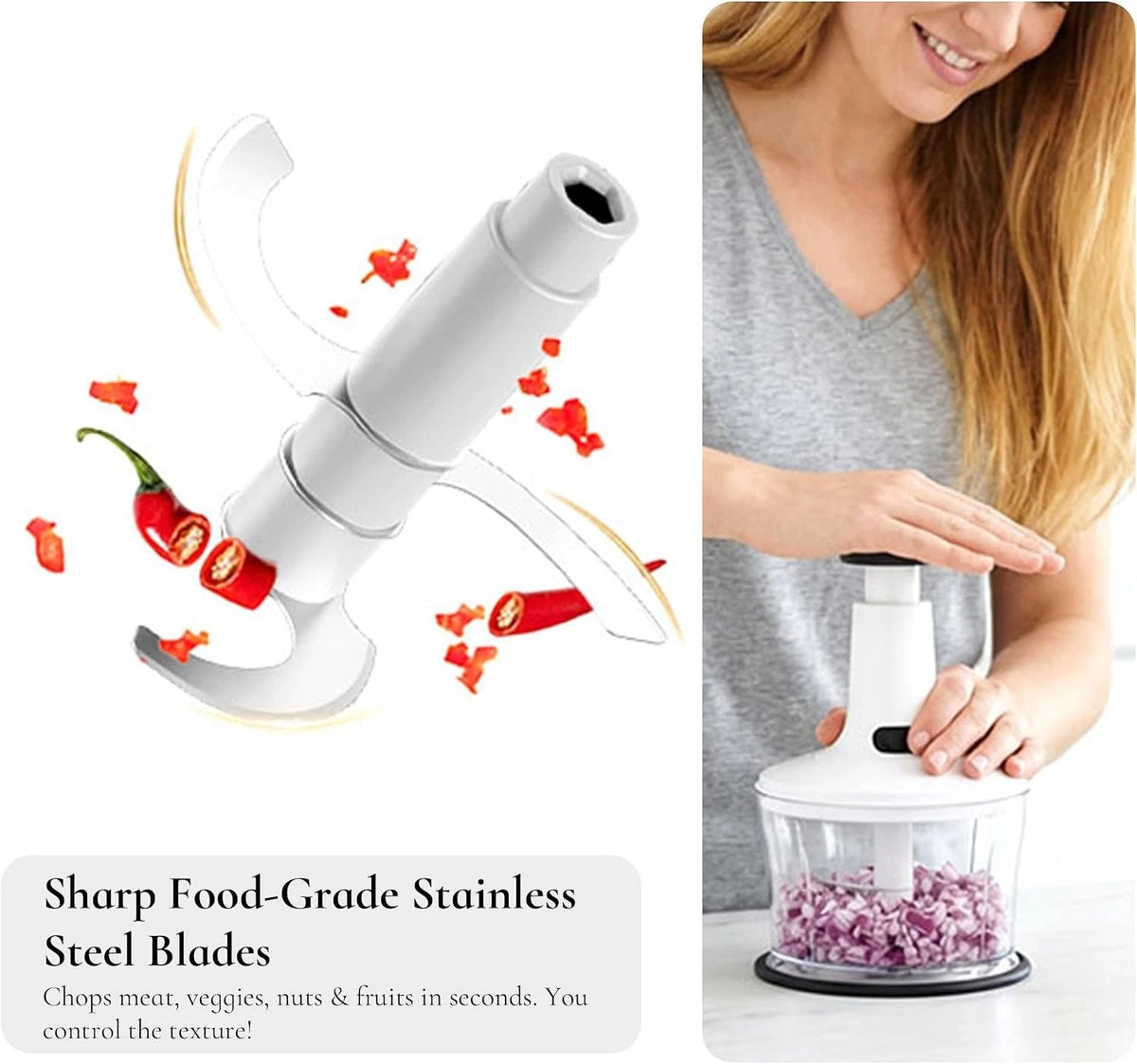 Manual Hand Press Food Chopper with Egg Whisker & Vegetable Salad Spinner 1200ml