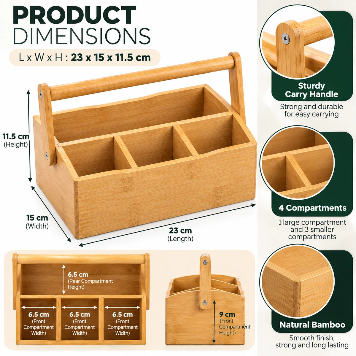 Bamboo Utensil Cutlery & Condiments Holder Kitchen Storage 4 Compartments Handle