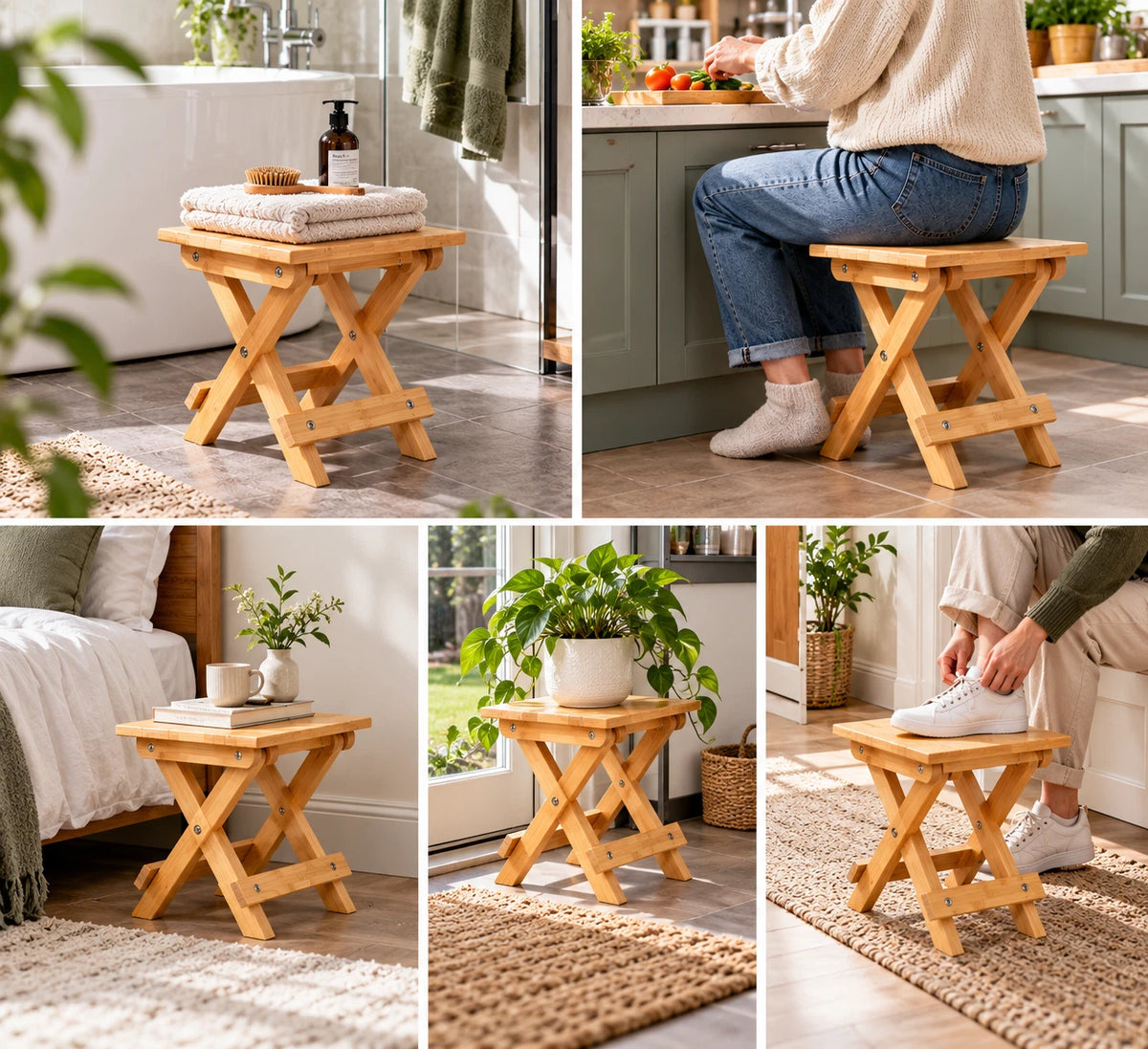Bamboo Step Stool Foldable Camping Seat Bathroom Sauna Beach Multi Purpose Home