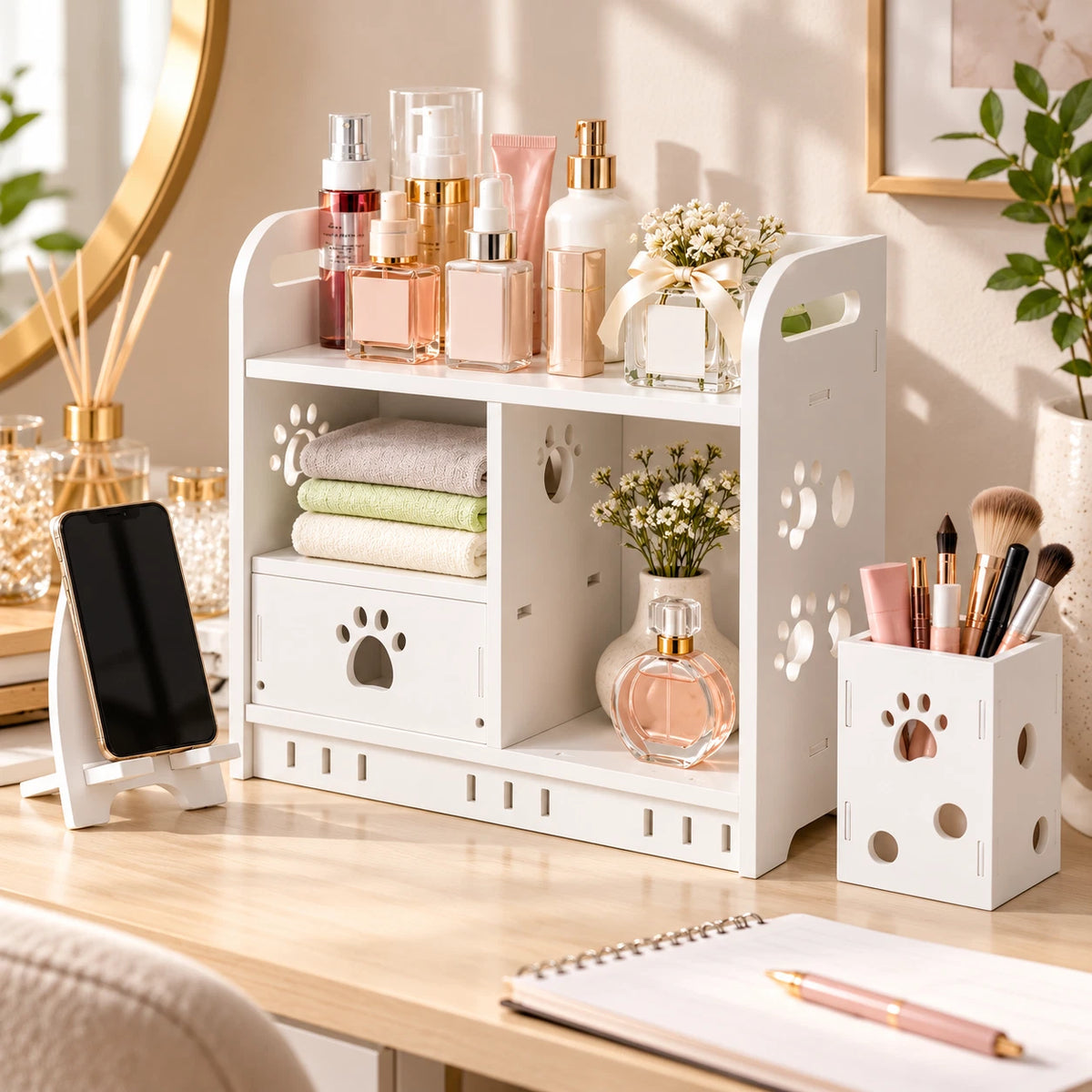 Makeup Organiser & Desk Storage Cabinet with Drawer Phone Stand & Brush Holder