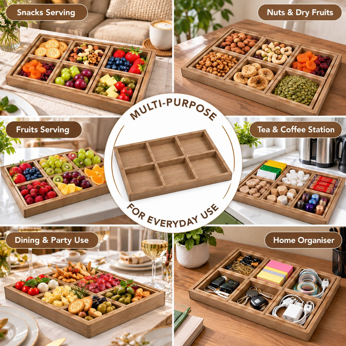 7pc Bamboo Serving Tray Rectangular Food Platters Nuts Candy Storage Organiser