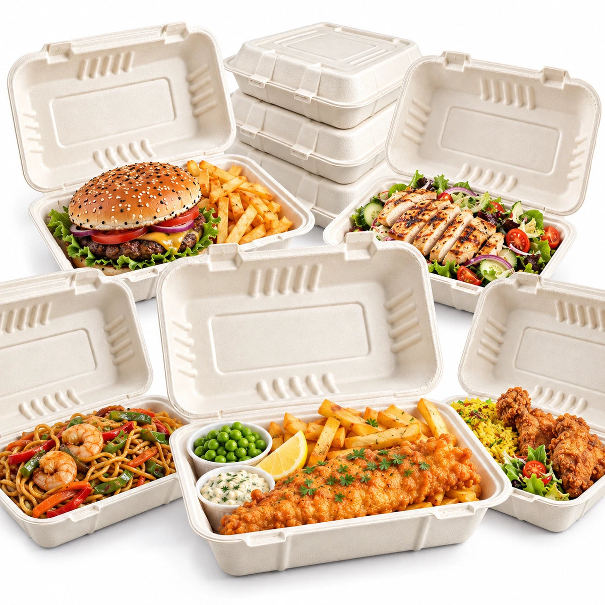 Clamshell Bagasse Takeaway Food Containers Meal Boxes 9x6 inch Eco Friendly