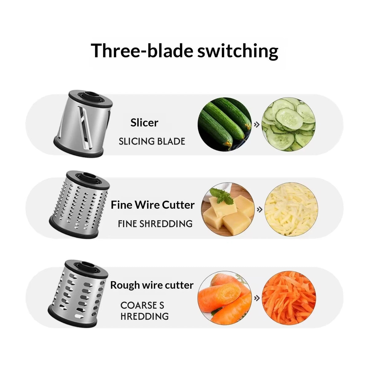 3 in 1 Rotary Cheese Grater Vegetable Slicer Manual Food Chopper Stainless Steel