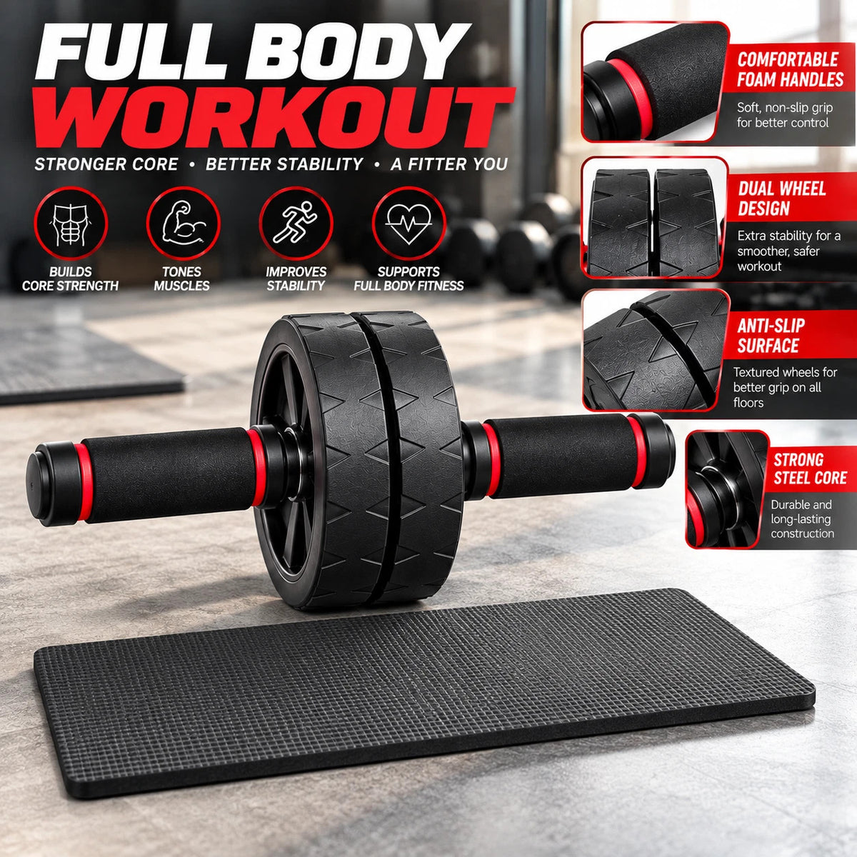 Ab Wheel Exercise Roller Gym Knee Mat Abdominal Core Strength Workout Fitness
