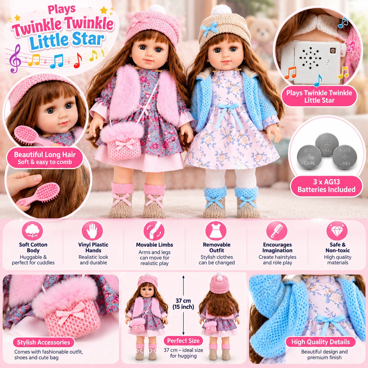 38cm Fashion Dolls With Stylish Outfit Clothes Girls Toys Musical Doll Xmas Gift