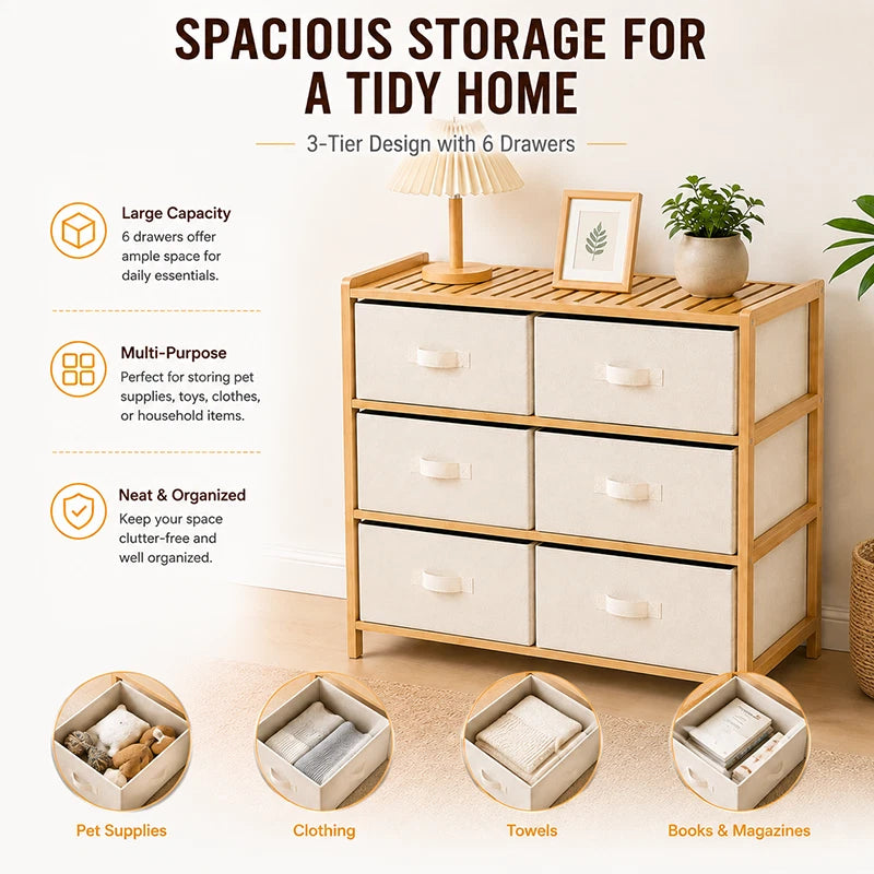 6 Chest of Drawers Fabric Bamboo Top Storage Unit Bedroom Dresser Living Room