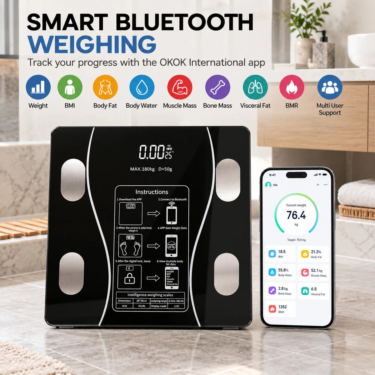 Celino Smart Bathroom Scales Bluetooth Body Fat BMI Digital Weighing Scale 180kg