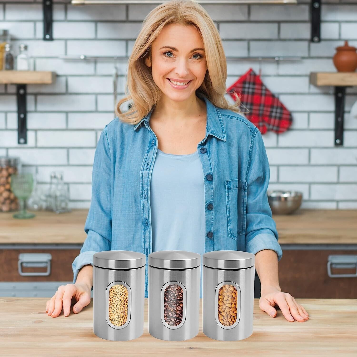 Set of 3 Tea Coffee Sugar Canisters – Kitchen Storage Jars & Containers for Countertop Organisation