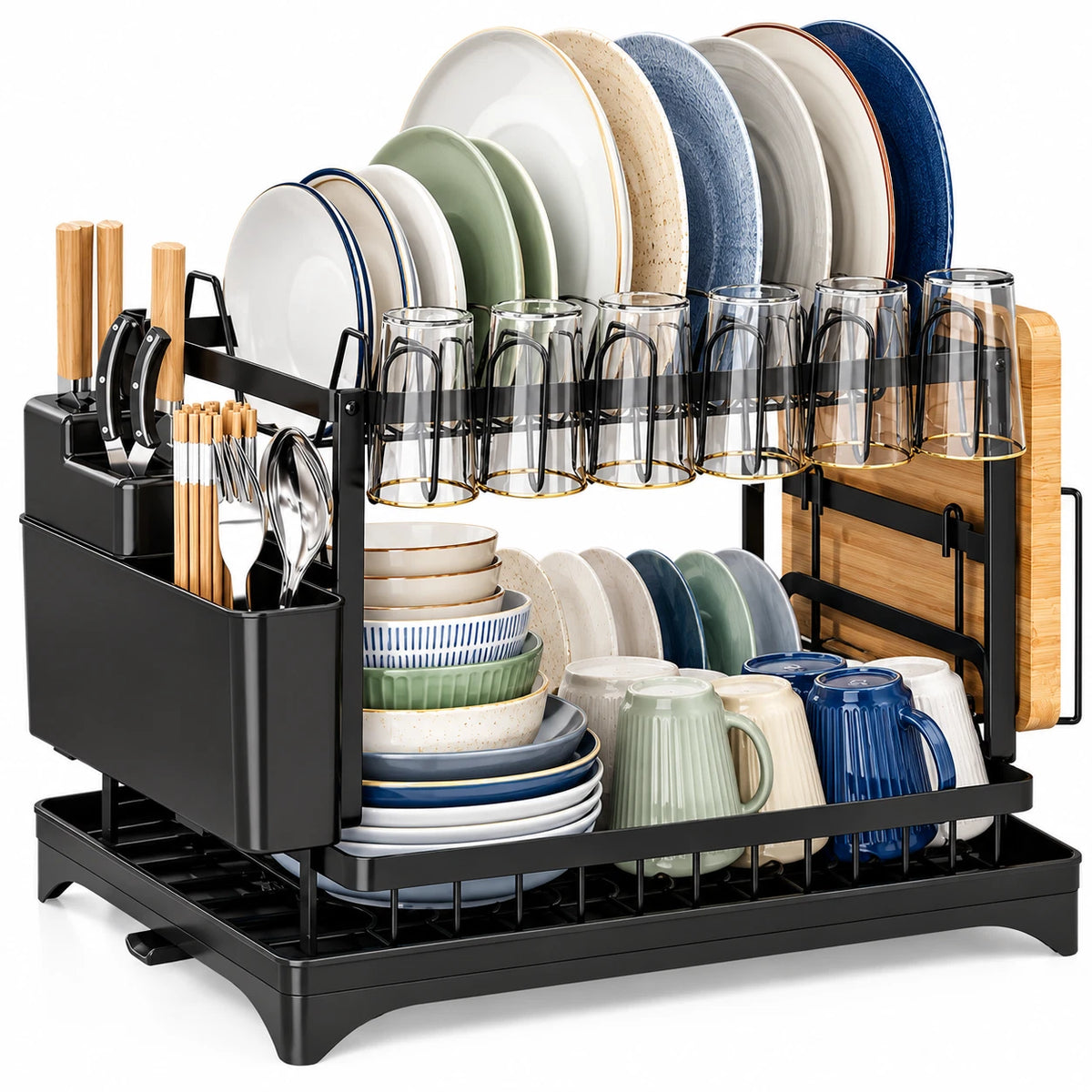 2 Tier Dish Drainer Rack Stainless Steel Drip Tray Space Saving Cutlery Holder