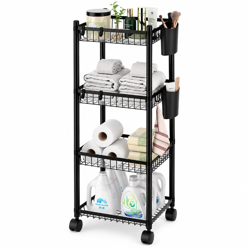 4 Tier Storage Trolley on Wheels Metal Kitchen Bathroom Rolling Cart Utility