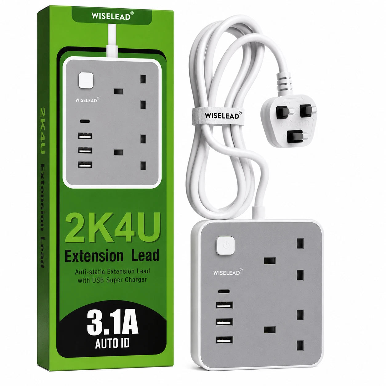 2 Gang Way Extension Lead with 4 USB 1.6M Power Cable Power Strip UK Plug Socket