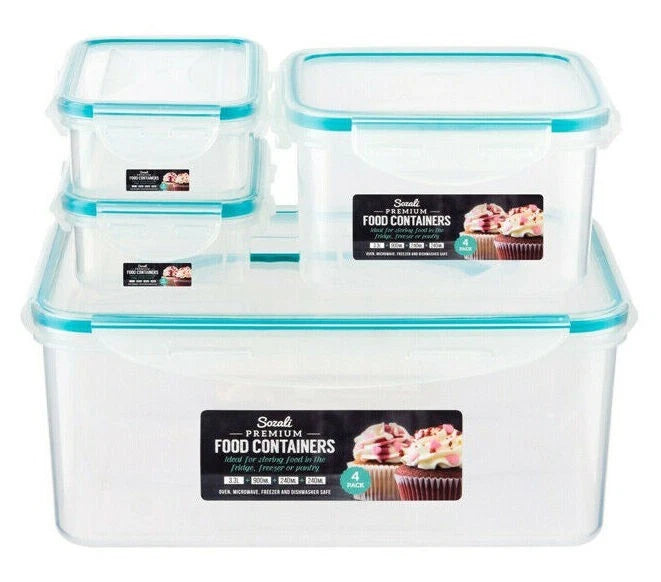 4pk Plastic Food Storage Containers Airtight Clip Lock Kitchen 3.3L +0.9+0.24ml