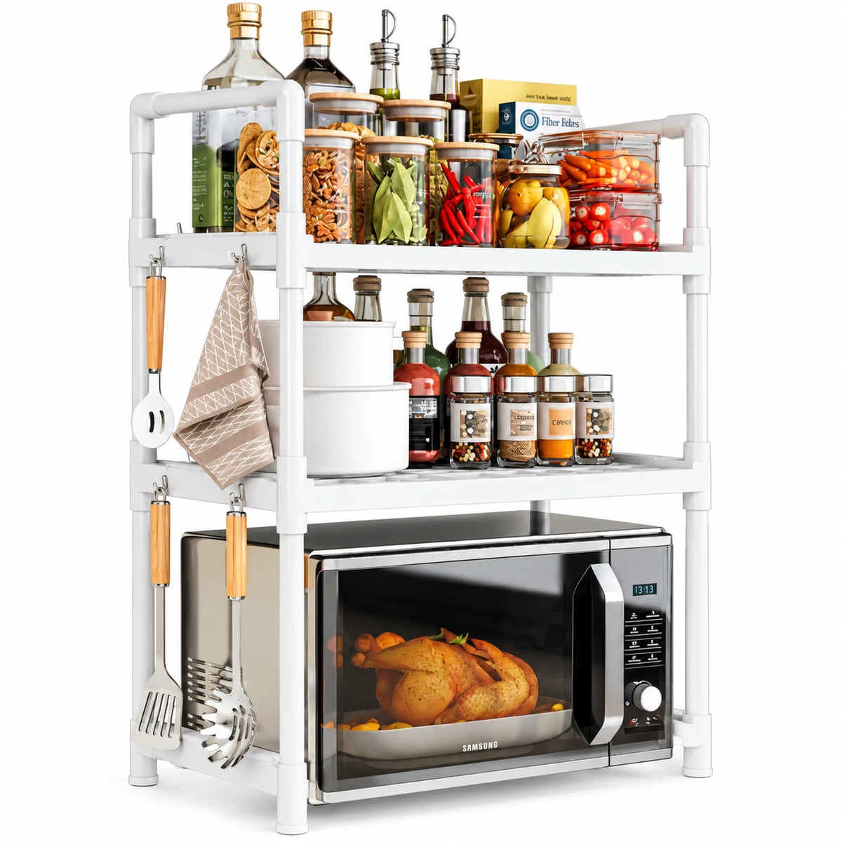 3 Tier Microwave oven Rack Stand Storage Holder Kitchen Corner Shelf 8 Hooks NEW