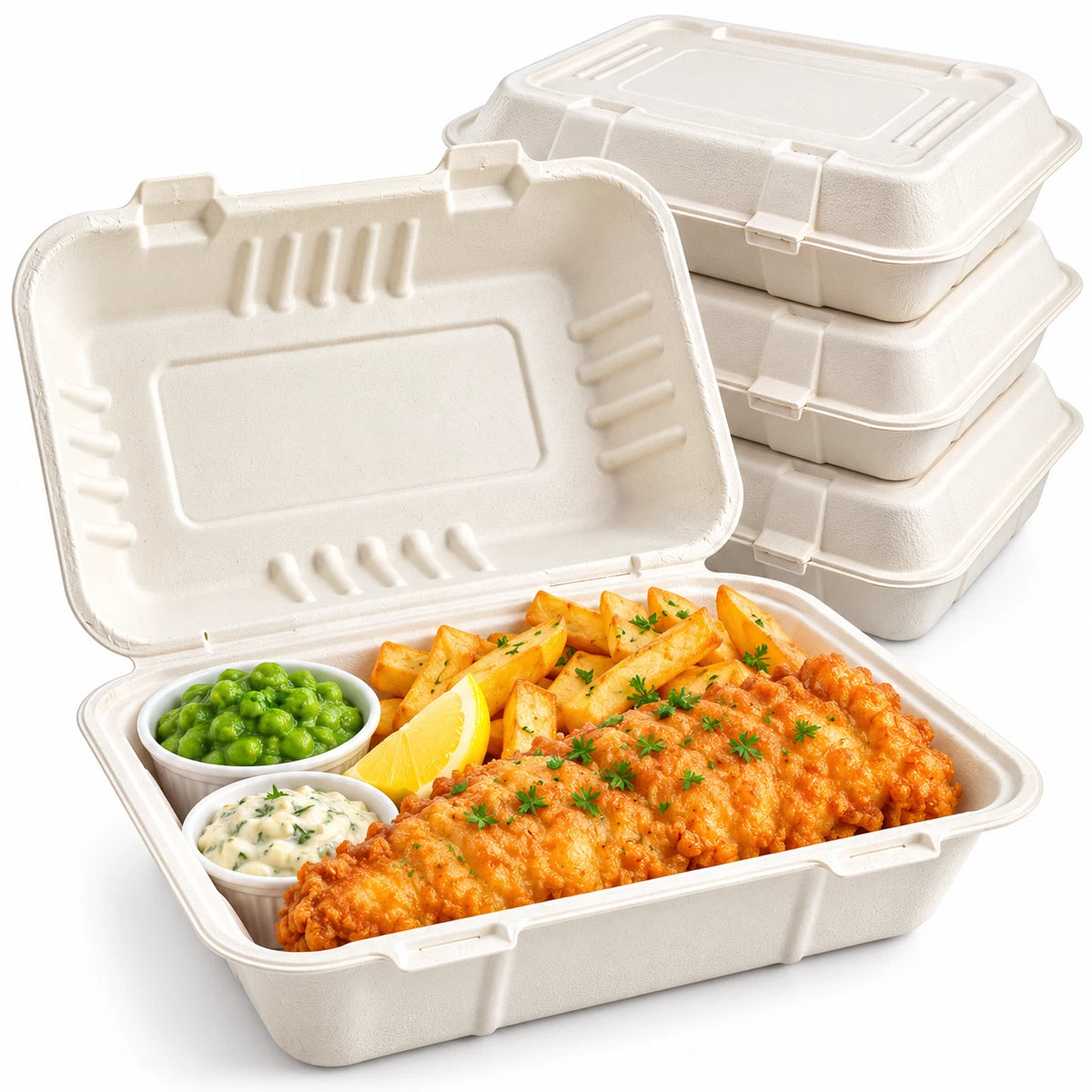 Clamshell Bagasse Takeaway Food Containers Meal Boxes 9x6 inch Eco Friendly
