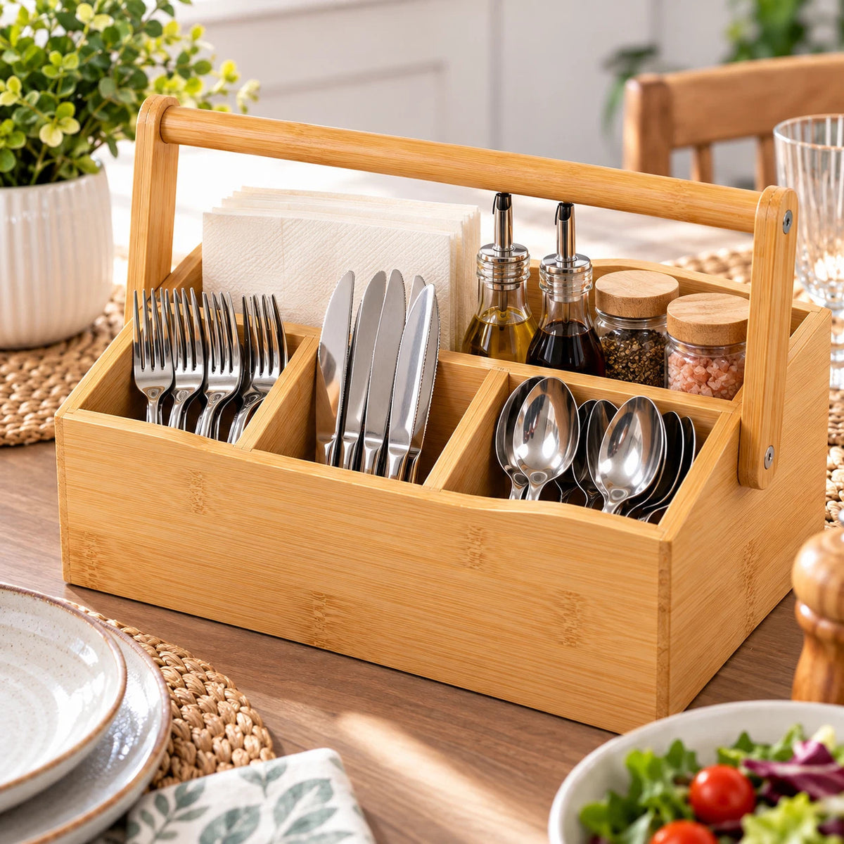 Bamboo Utensil Cutlery & Condiments Holder Kitchen Storage 4 Compartments Handle