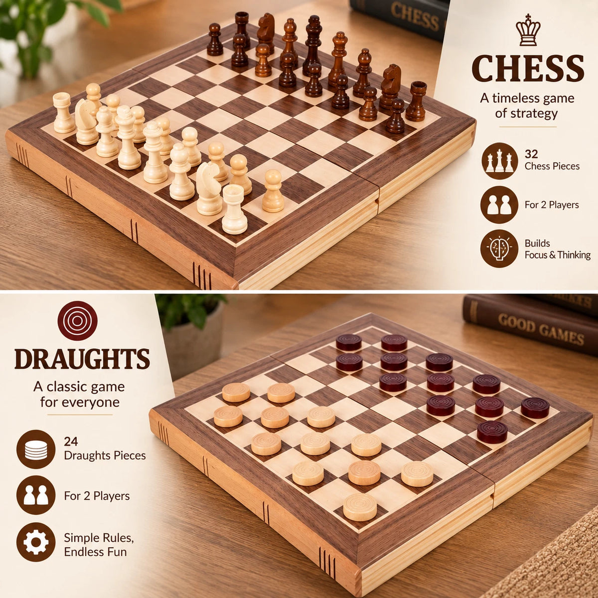 2 in 1 Folding Wooden Chess And Draughts Board Games Set Travel Portable Gift