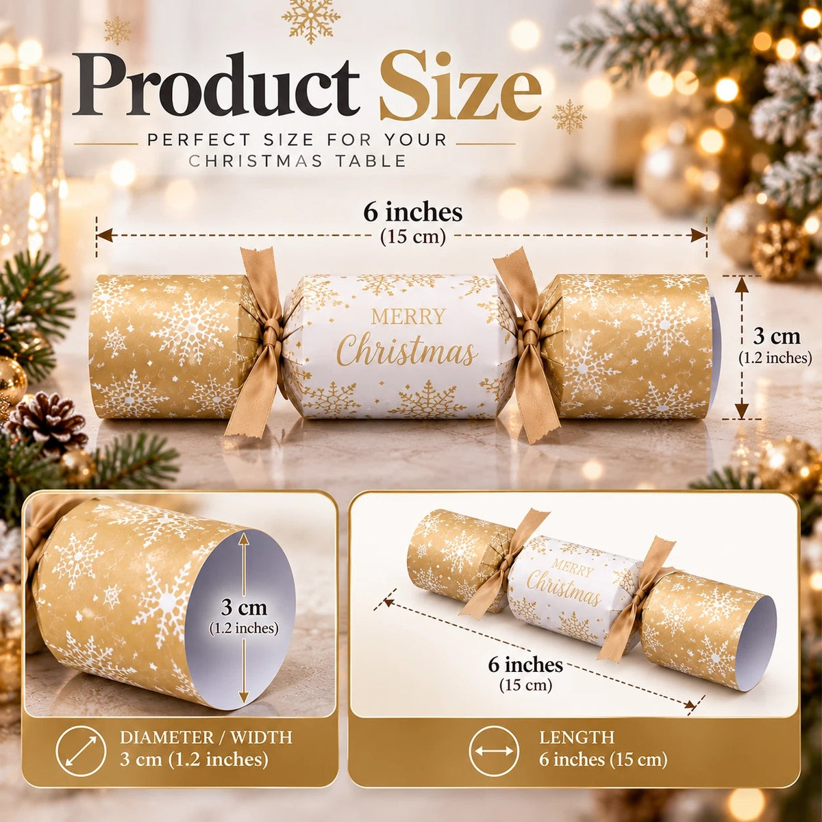 6 x Christmas Crackers Silver & Gold Snowflake 6 inch Dinner Table Xmas Gifts