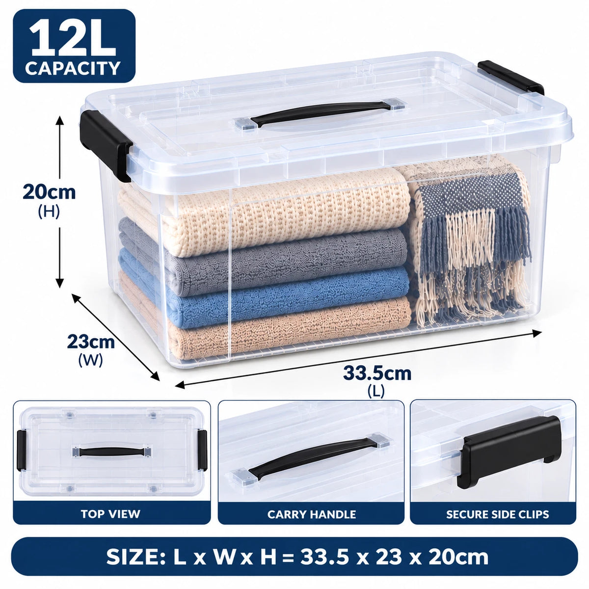 Clear Plastic Storage Boxes with Lids Stackable Box Strong Home Office Kitchen