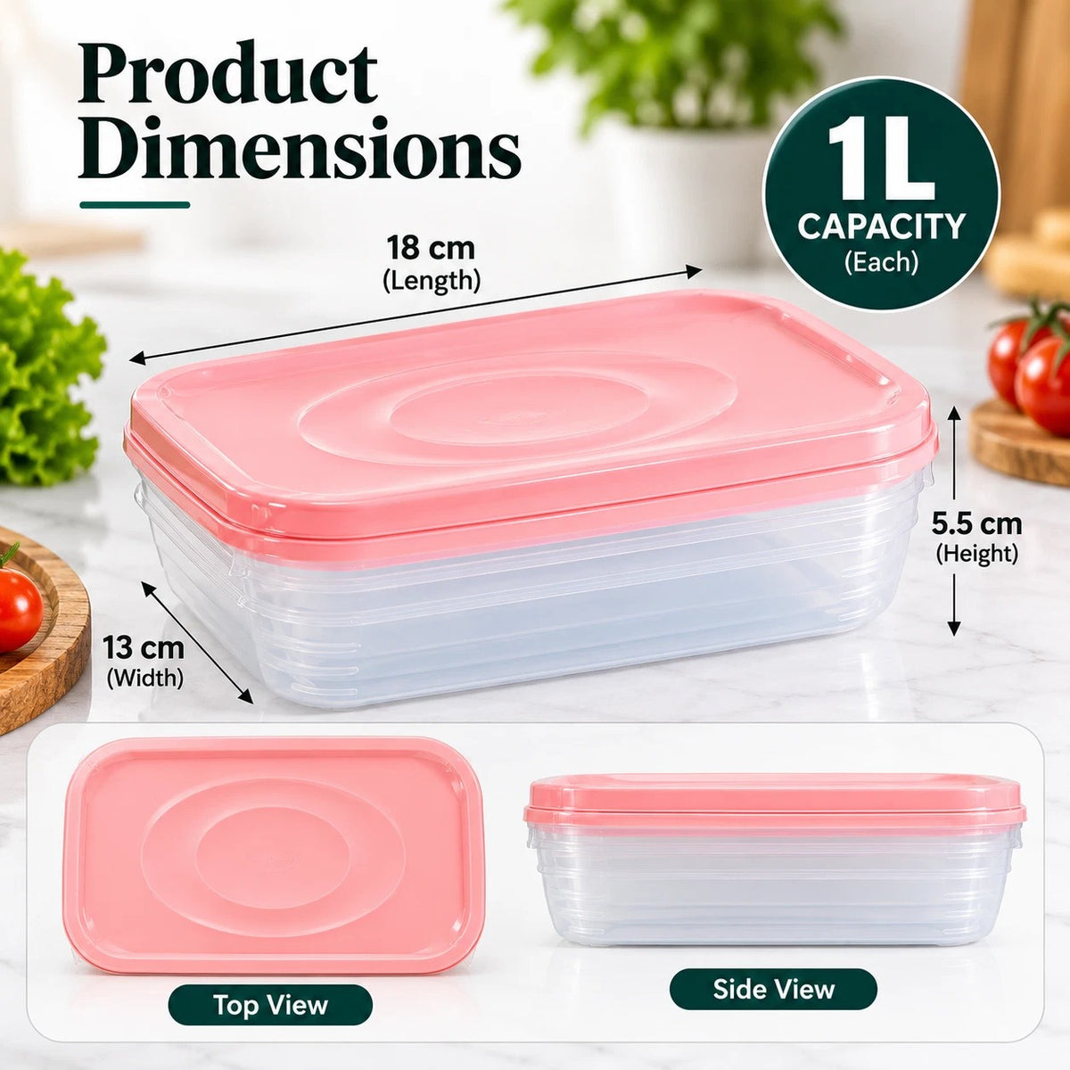 4 x 1 Litre Plastic Food Storage Containers With Lids Reusable Micorwave Freezer