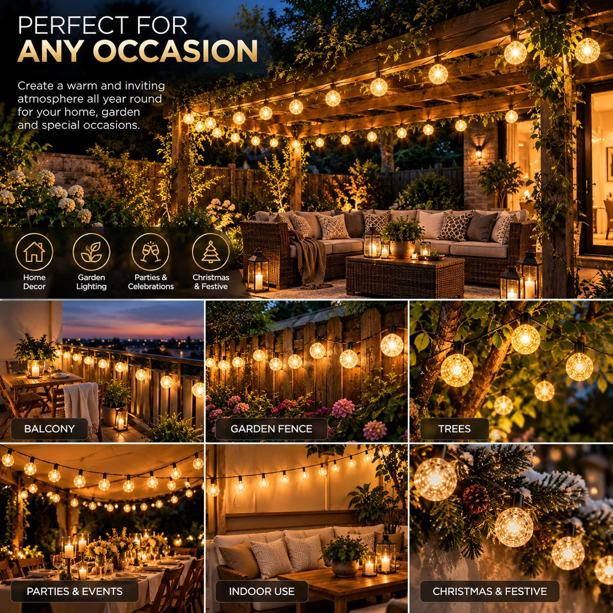 10 LED String Lights Warm White Globe Indoor Outdoor Garden 9.5M Fairy Lights