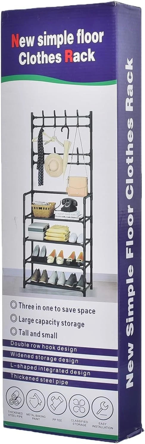 Coat Rack With Shoe Storage Organiser Unit 4 Tier Plastic 8 Hooks Space Saving