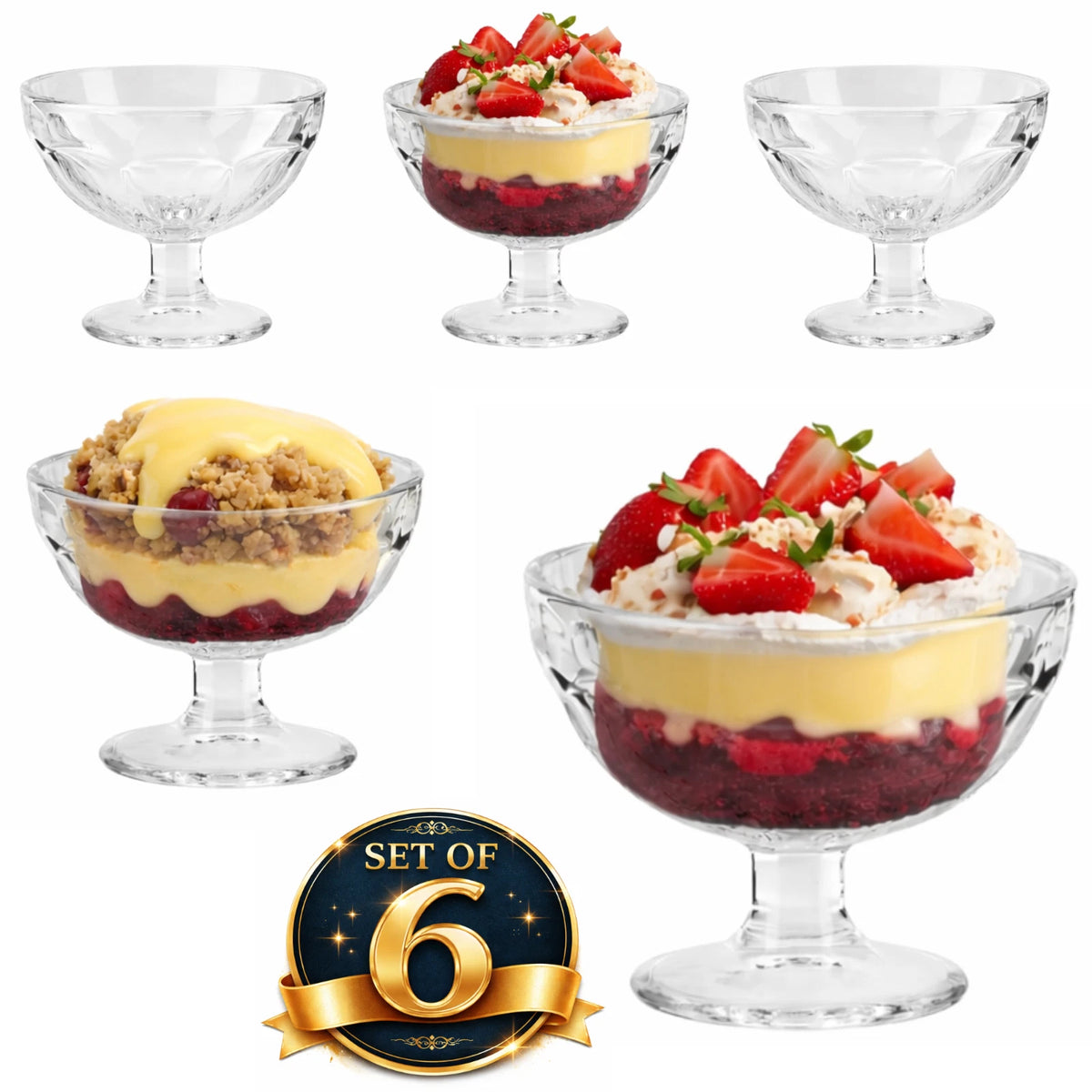 Set of 6 Dessert Bowls Ice Cream Sundae Glasses Stemmed Footed Trifle Pudding