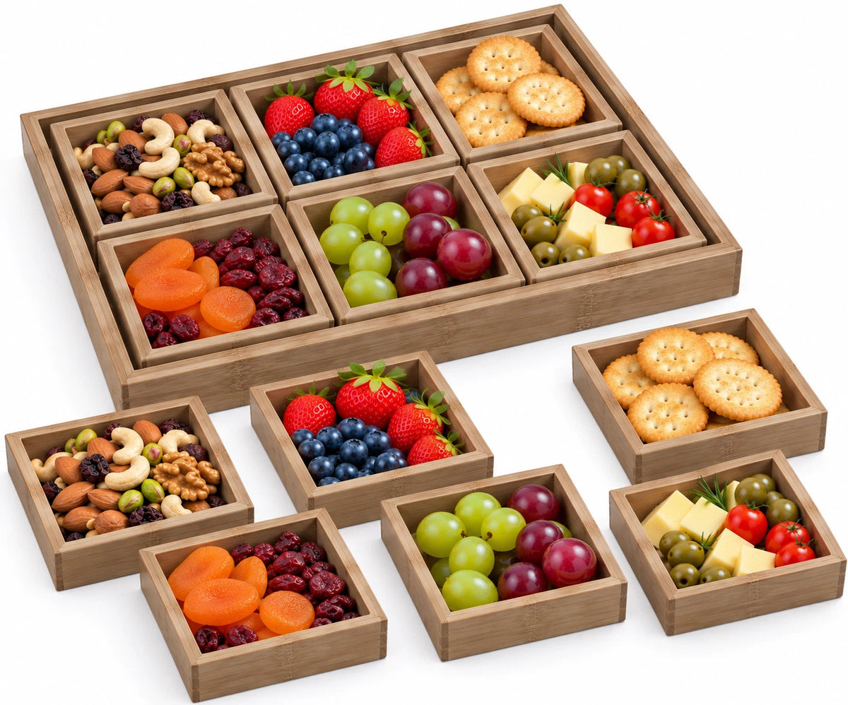7pc Bamboo Serving Tray Rectangular Food Platters Nuts Candy Storage Organiser