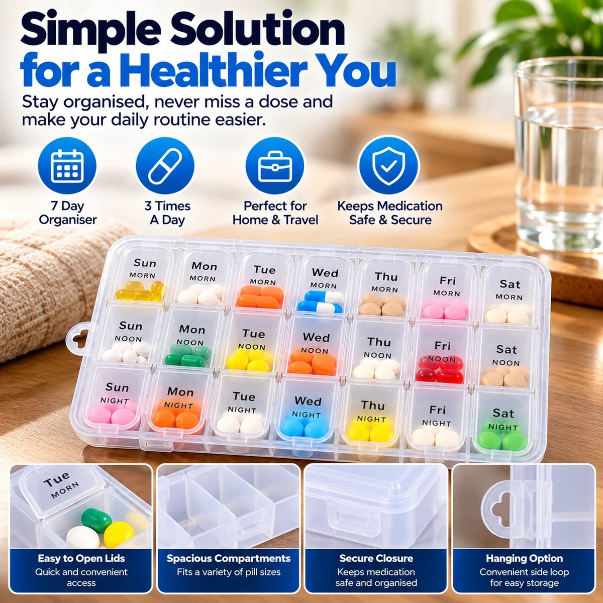 Weekly Pill Box Organiser 3 Times a Day 7 Days Tablet Organiser Portable Compact