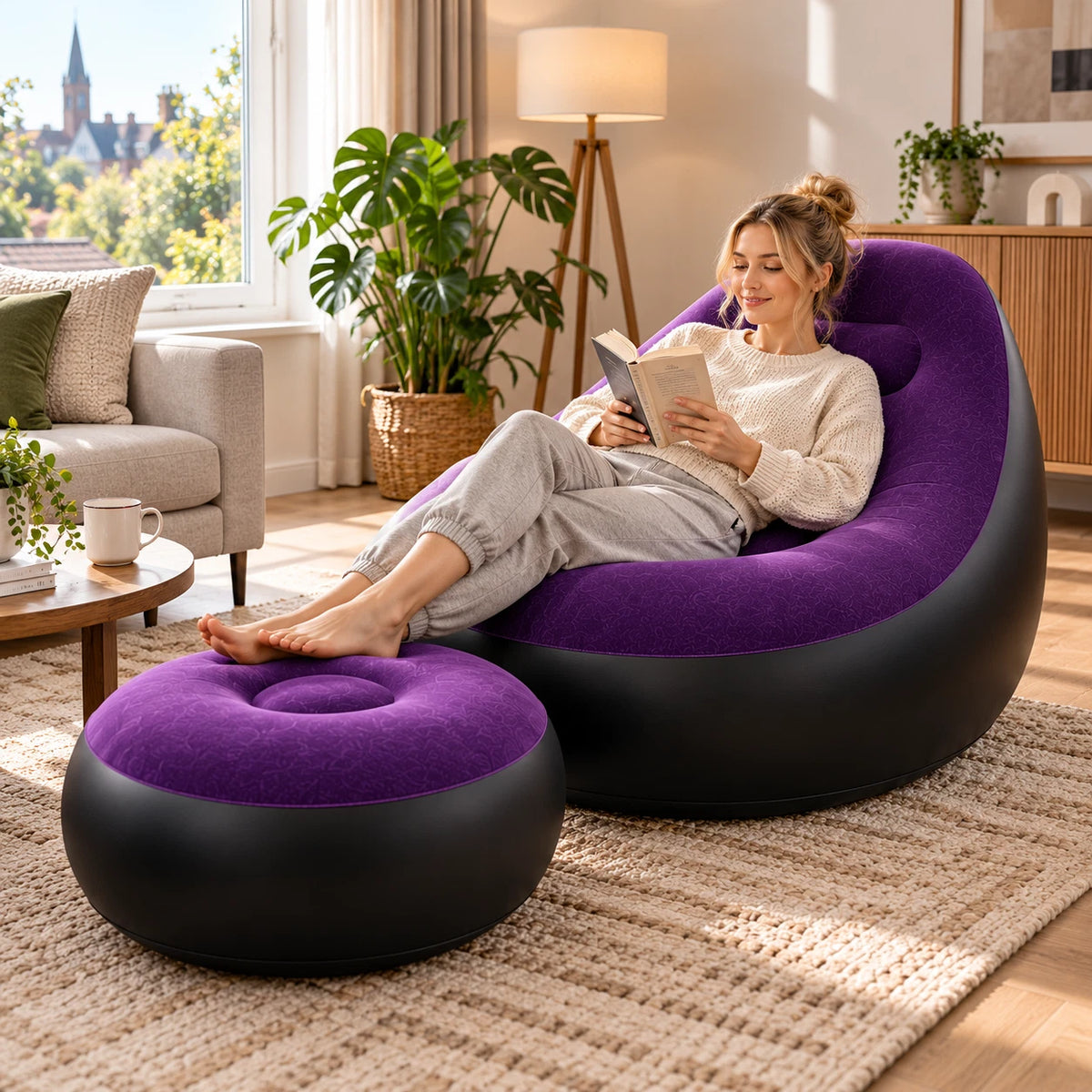 Inflatable Lounger Ottoman Couch With Foot Stool Air Blow Up Sofa Chair Camping