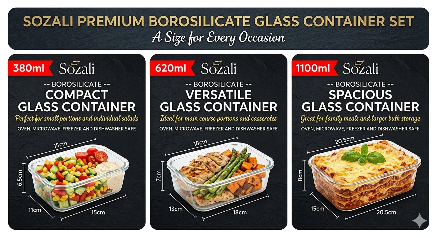 3 Piece Glass Food Storage Containers Set with Airtight Vented Lids – Oven Safe Meal Prep Boxes