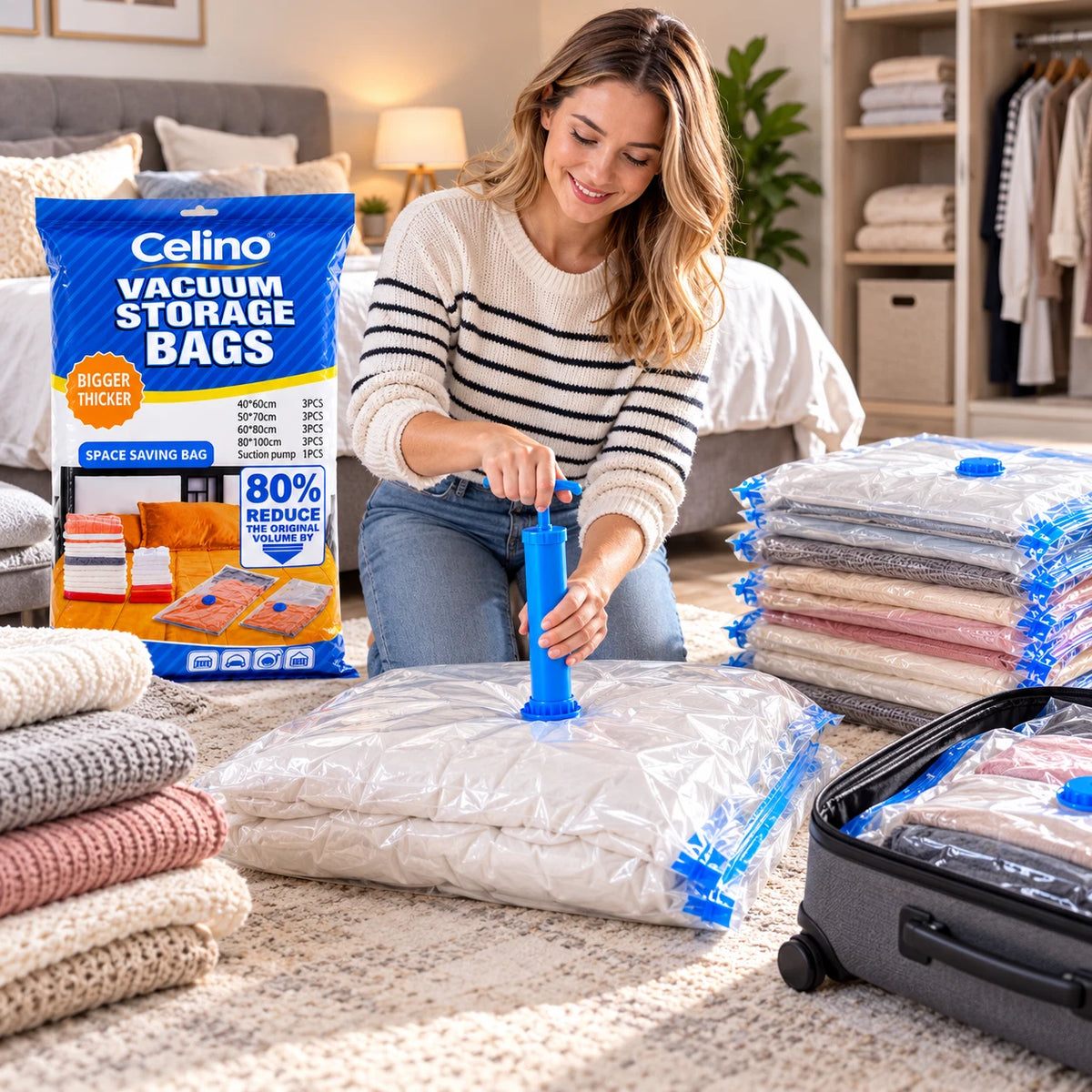12 Pack Vacuum Storage Bags with Pump Space Saver Spacing Saving Organiser S M L