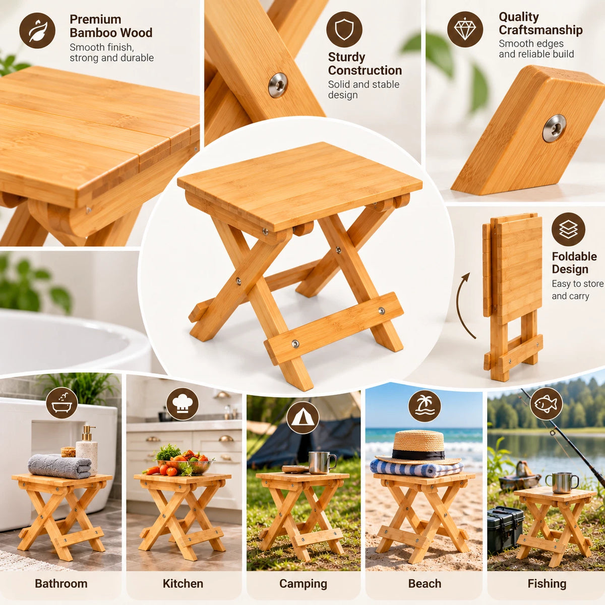 Bamboo Step Stool Foldable Camping Seat Bathroom Sauna Beach Multi Purpose Home