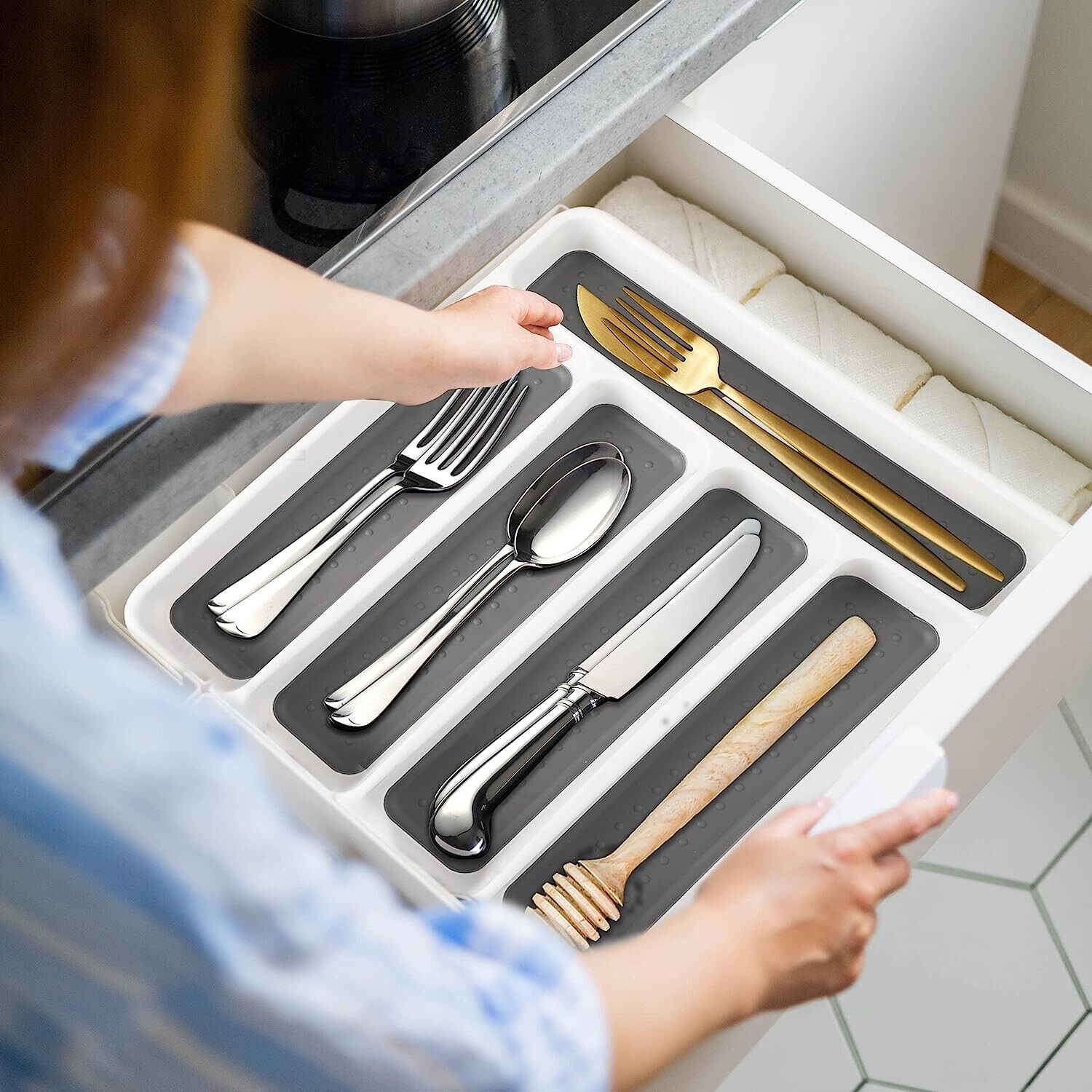 Cutlery Tray Organiser Rack Plastic Kitchen Holder Drawer Insert Tidy Storage UK