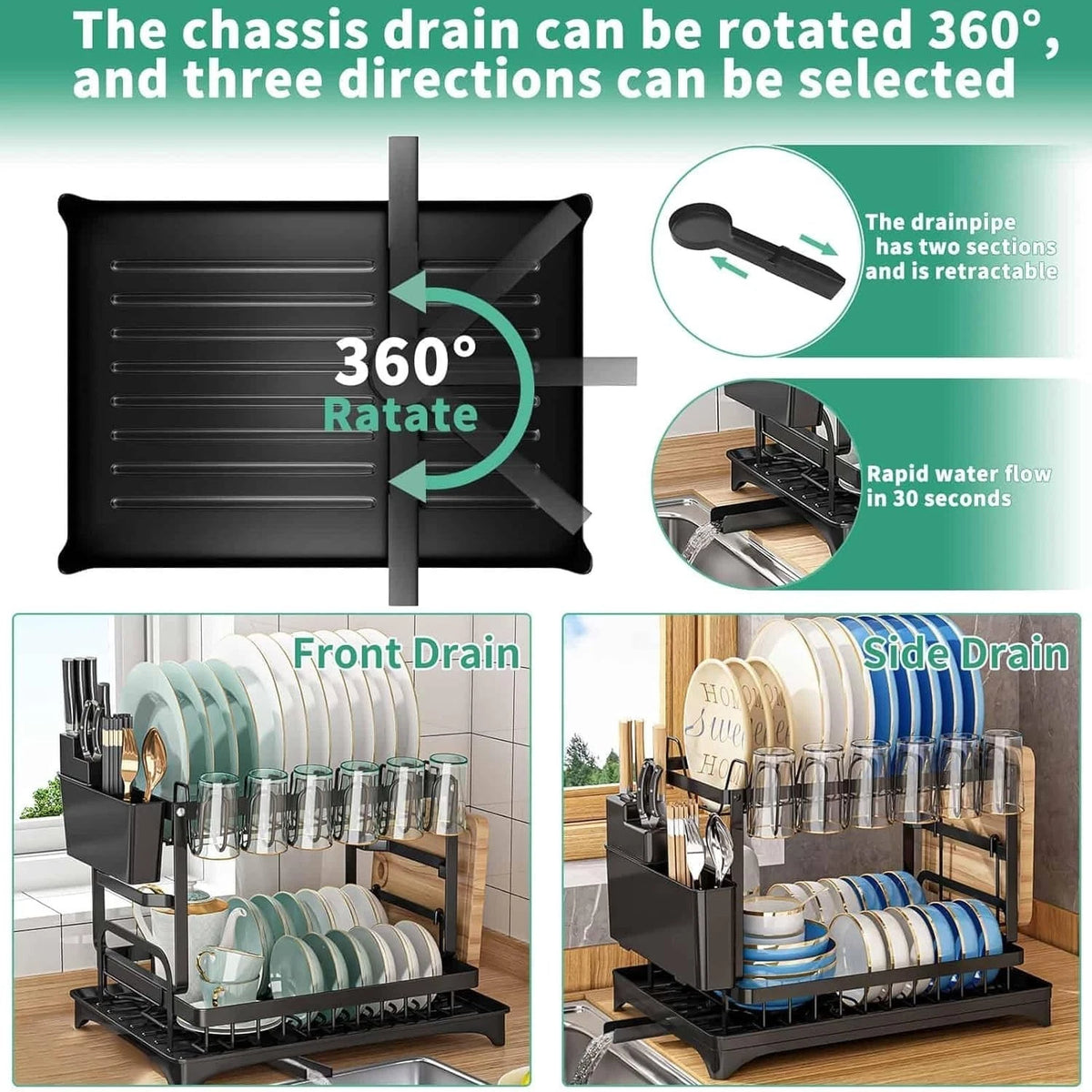2 Tier Dish Drainer Rack Stainless Steel Drip Tray Space Saving Cutlery Holder