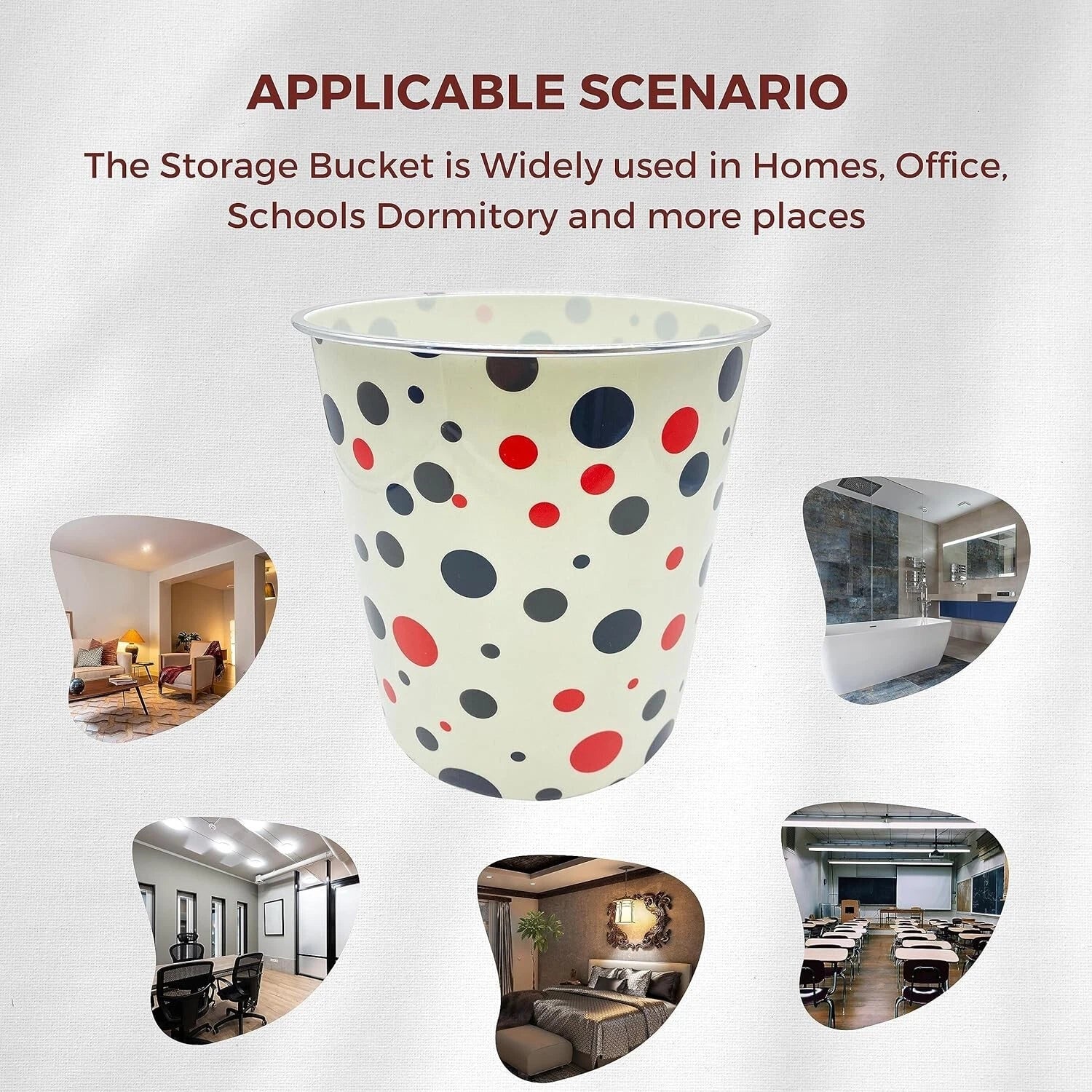 Share 7.7L Waste Paper Dust Bin Round Plastic Polka Dots Black & Red Room Office Home