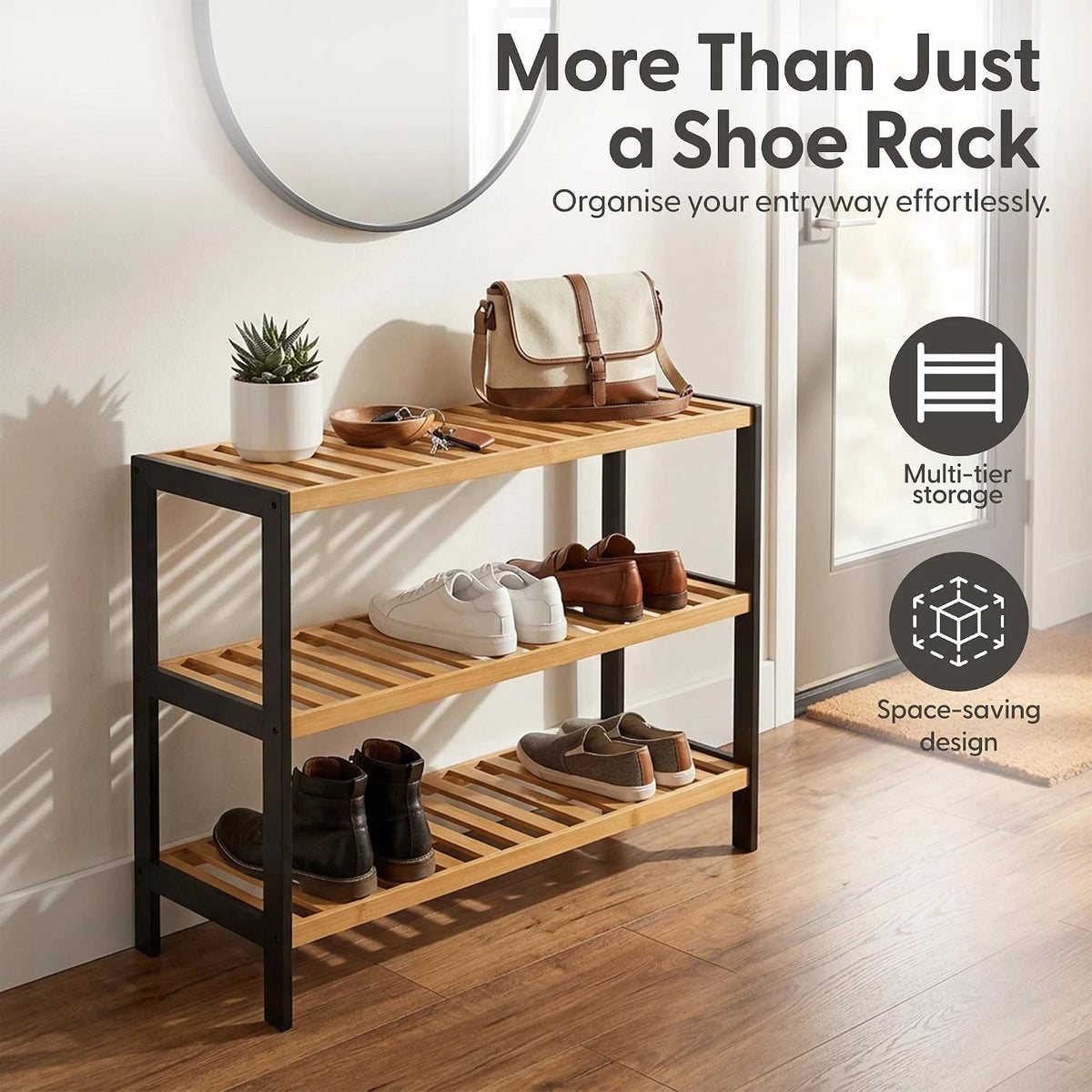 Bamboo Shoe Rack Organiser 3 Tier Wooden Storage Stand Shelf Holds 9 Pairs UK