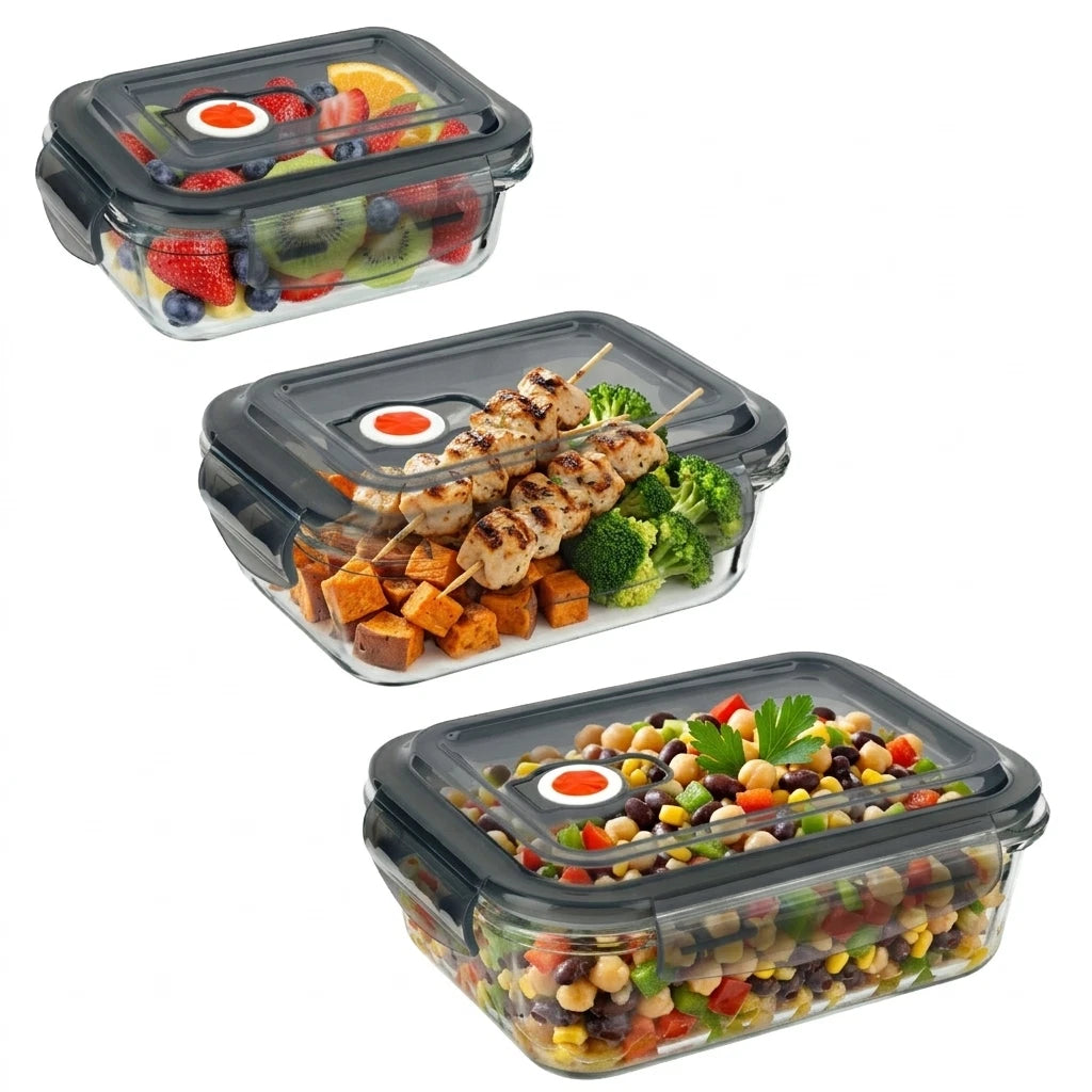 3 Piece Glass Food Storage Containers Set with Airtight Vented Lids – Oven Safe Meal Prep Boxes