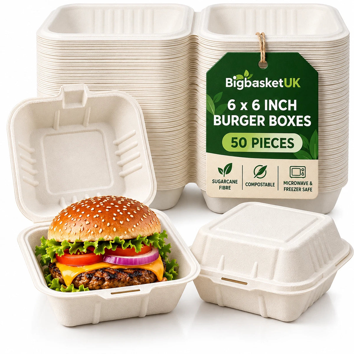 Bagasse Burger Box Food Containers Clamshell Takeaway Boxes 100% Compostable