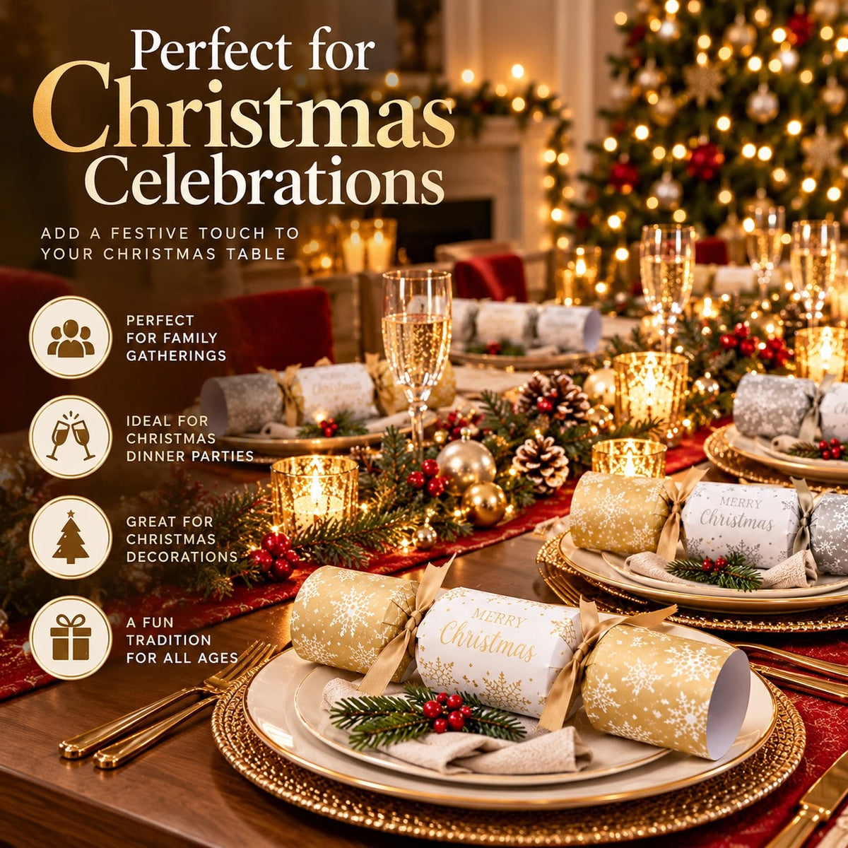 6 x Christmas Crackers Silver & Gold Snowflake 6 inch Dinner Table Xmas Gifts