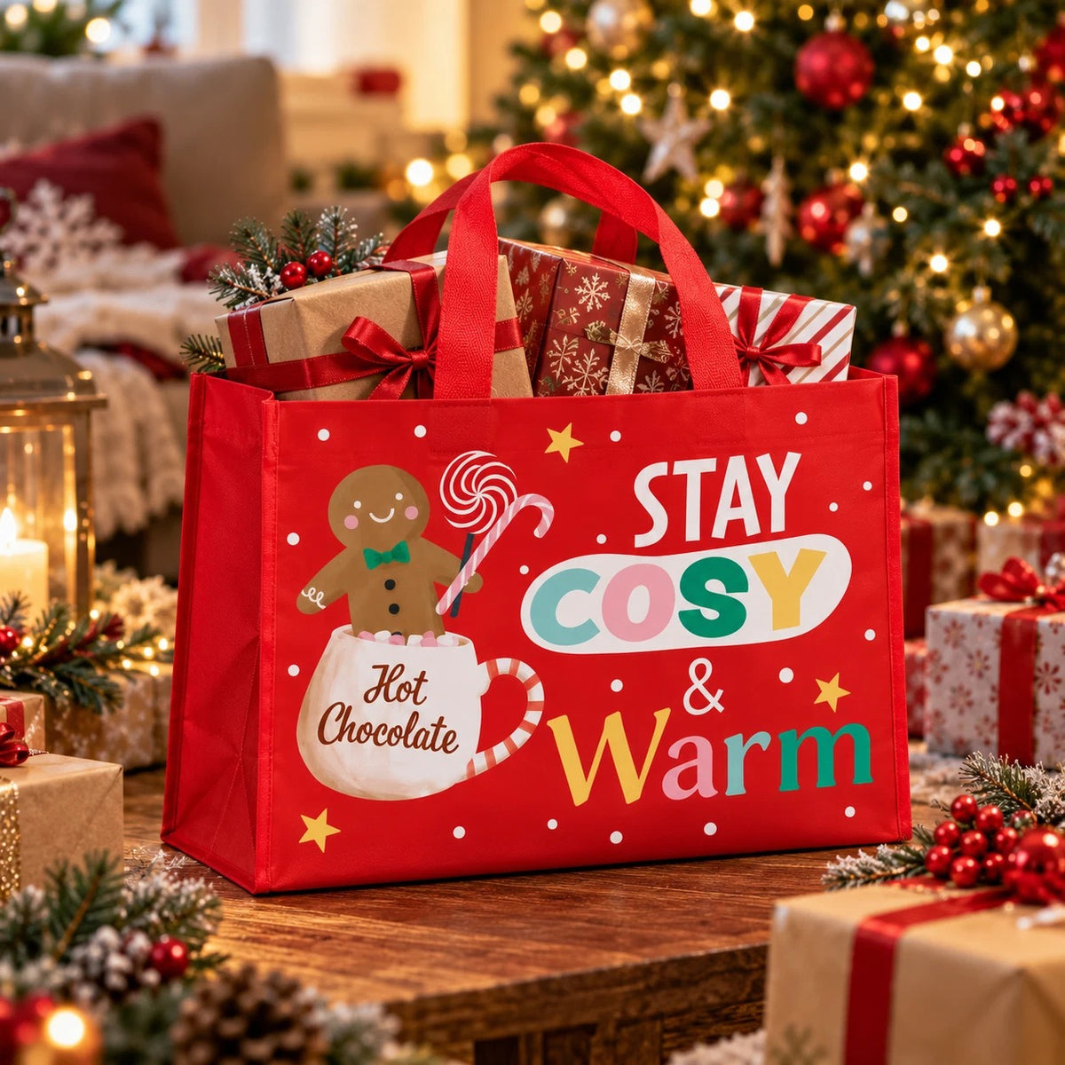 Christmas Shopping Bags Grocery Reusable Tote Bag Handle Waterproof 30x40x10cm
