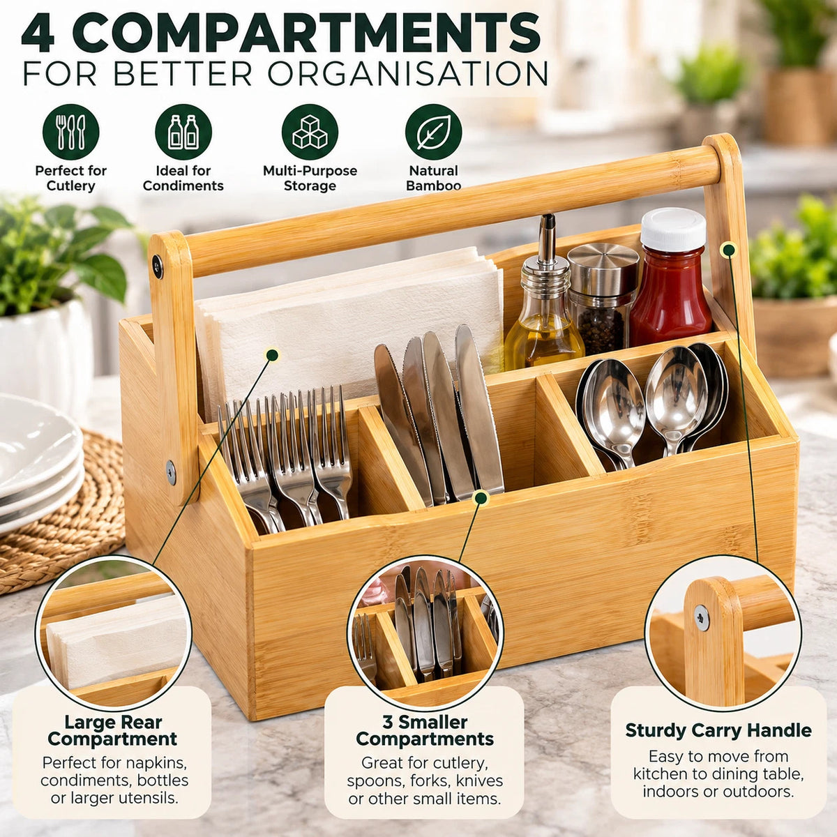 Bamboo Utensil Cutlery & Condiments Holder Kitchen Storage 4 Compartments Handle